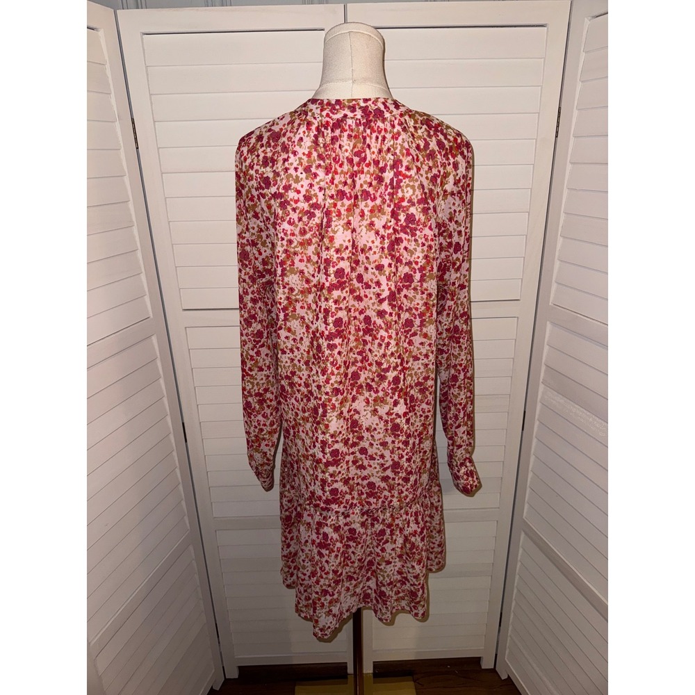 J. Crew Pink Floral Print Long Sleeve Tie Neck Tiered Dress Women's Size M - Picture 5 of 8